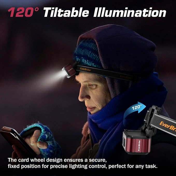 EverBrite Rechargeable LED Headlamp, Ultra-Light with Hat Clip, IP67 Waterproof, White/Red/Green Light, 7 Modes for Camping, Running and Backpacking-Purple