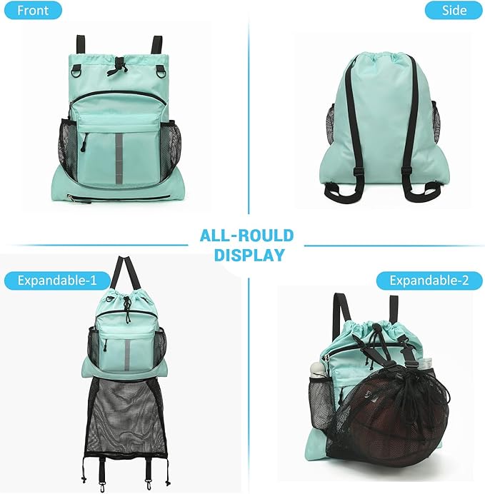 Drawstring Backpack, Waterproof Sandproof Beach Backpack for Sport Gear Small Gym Bag with Hidden Ball Net Pocket and Seperated Wet Pocket Draw String Back Bag for Women Men, Green