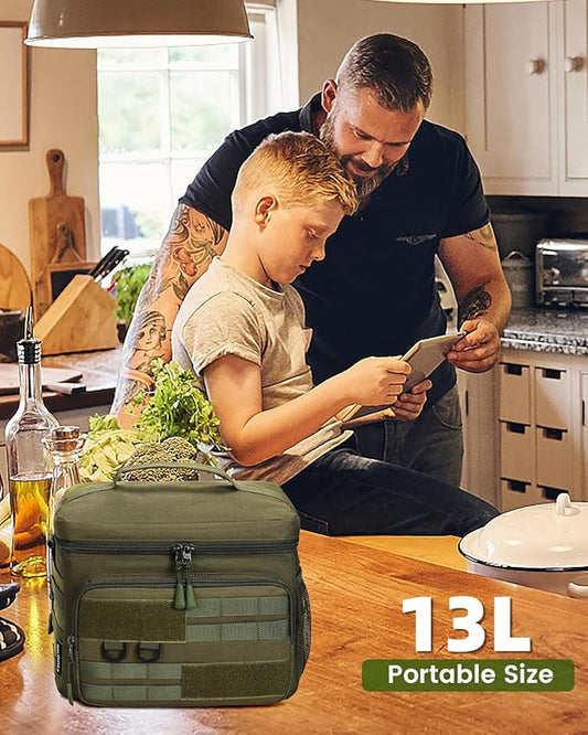 Tactical Lunch Box, RalChyez 13L Large Insulated Lunch Bag MOLLE Webbing Leakproof Thermal Cooler with Shoulder Strap Lunch Pail for Adult Men Women Office Work Camping Picnic Travel Green