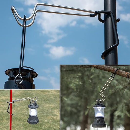TOBWOLF 2PCS Outdoor Camping Lantern Hook Hangers Water Bottle Holder, Stainless Steel lamp Hanger Stand Water Bottle Bracket, Portable Non-Slip Tent Lamp Hook Cup Holder for Camping, Fishing, Hunting