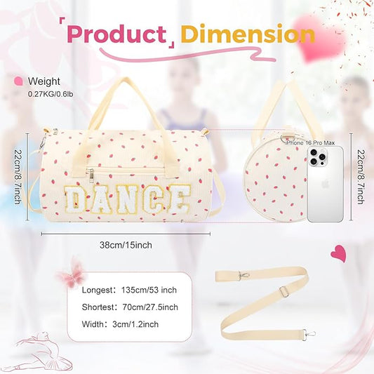 Dance Bag for Girls, KUIRAN 23L Waterproof Travel Duffel Bag with Colorful Chenille Letter, Lightweight Small Gym Sport Ballet Weekender Bag with Large Main Compartment - Strawberry/White
