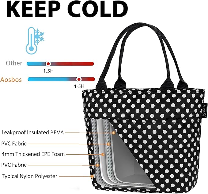 Aosbos Black Lunch Box for Women Lunch Bags for Adult Insulated Lunch Tote Bag Meal Prep Lunch Box Purse Lunchbox Portable Cooler Bag Bento Box Bag Loncheras Para Mujer, Polka Dot