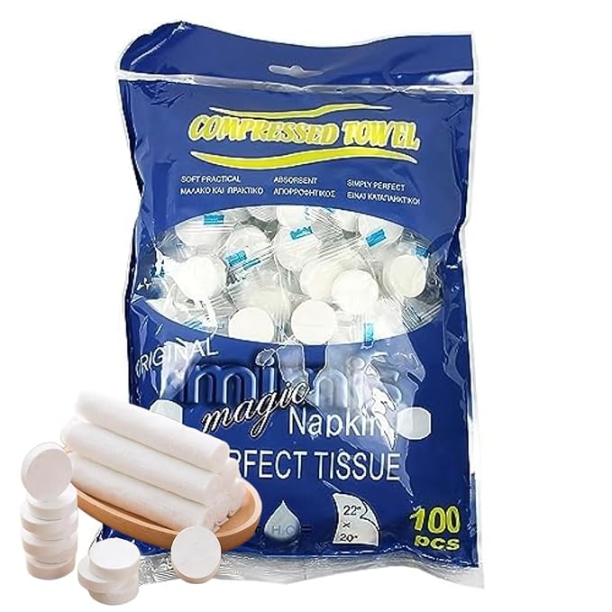 ARSHY 100 PCs Compressed Towels, Mini Tablets Disposable Portable Face Towel Cotton Coin Tissue for Travel, Camping, Hiking, Sport, Beauty Salon, Magic towel and Outdoor Activities