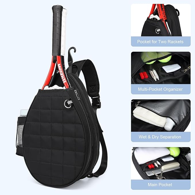 Pro Tennis Crossbody Sling Bag: Waterproof 2-Racket Quilted Pickleball Bag with Wet/Dry Compartment | Durable Unisex Design for Women, Men and Youth