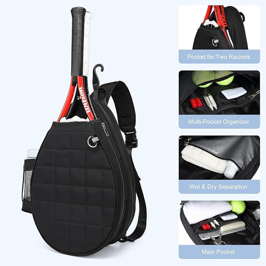 Pro Tennis Crossbody Sling Bag: Waterproof 2-Racket Quilted Pickleball Bag with Wet/Dry Compartment | Durable Unisex Design for Women, Men and Youth