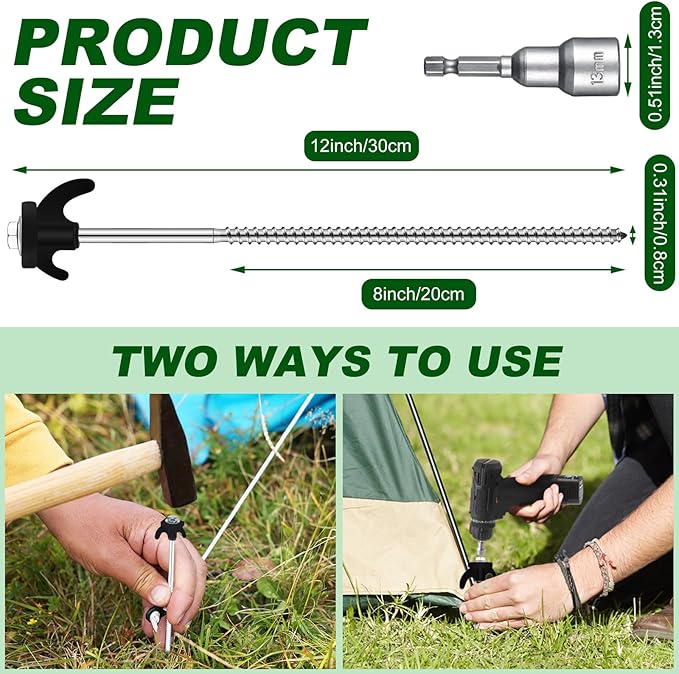 JaGely 20 Pcs 12 Inch Screw in Tent Stakes Heavy Duty Ground Anchors Metal Threaded Tent Spikes Camping Stake Screw in Tent Pegs Screw with Hex Head Driver for Camping Travel Decor Outdoor (Black)