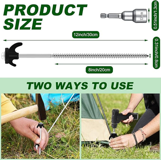 JaGely 20 Pcs 12 Inch Screw in Tent Stakes Heavy Duty Ground Anchors Metal Threaded Tent Spikes Camping Stake Screw in Tent Pegs Screw with Hex Head Driver for Camping Travel Decor Outdoor (Black)