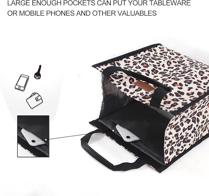 Lunch Bags for Women Insulated Reusable Lunch Tote with Internal Pocket, Lunch Tote bag for Work (Leopard)