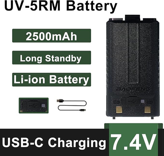 BAOFENG UV-5RM Battery 2500mAh Enlarge Capacity for UV-5RH Two Way Radio USB-C Charging 7.4V BL-5RH Li-ion Battery Replacement GM-5RH Walkie Talkie Accessories