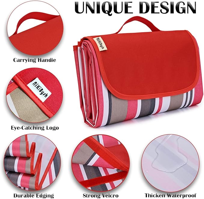 Picnic Blanket Waterproof Washable Foldable 58''x78'',Extra Large Picnic Mat, Dual Layers for Outdoor Water-Resistant Handy Mat, Beach, Intdoor,Camping on Grass - Red Stripes