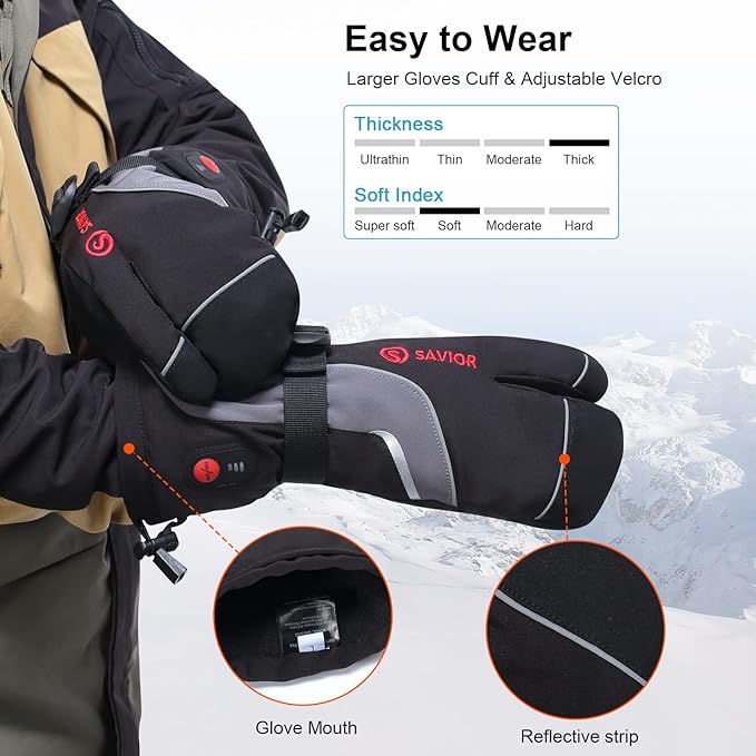 SAVIOR HEAT Heated Mittens Battery Gloves Men Women, 2023 Flexible Crab Finger Rechargeable Ski Mitten with 7.4V 2200mAh Battery for Winter Snow Skating Camping Hunting Hiking Motorcycle