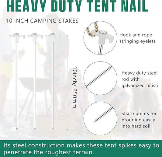 Shimeyao 10 Inch Tent Stakes Heavy Duty Camping Stakes Bulk Galvanized Non Rust Tent Pegs Metal Camping Spikes for Outdoor Camping Pitching Canopy