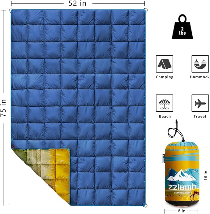 zzlamb Camping Blanket, Lightweight Cloak Puffy Down Alternative Travel Blanket, Portable & Windproof Warm Outdoor Blanket, Cozy Quilt Plane Car Picnic Hammock Beach Backpacking, 52x75in