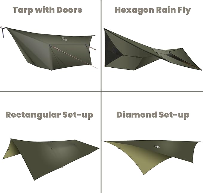 onewind 12ft Hammock Tarp, Ultralight Tarp Silnylon Hammock Rain Fly Lightweight Waterproof Camping Tent Tarp with Doors, Easy to Setup with Stuff Sack, Tent Stakes, OD Green
