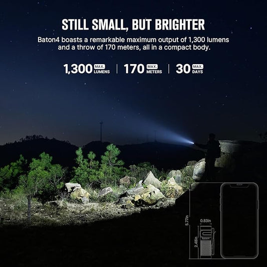 OLIGHT Baton4 Rechargeable EDC Flashlight, LED Pocket Flashlight 1300 Lumens with Magnetic Charging Cable, Small Powerful Bright Flashlight for Home, Camping, and Emergencies (Candy Cane)