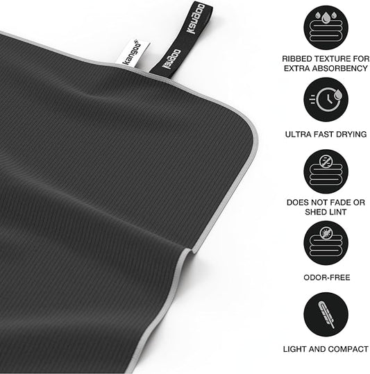 Kangoo Ribbed Microfiber Towel – Super Absorbent and Quick Dry, Suitable for Travel, Beach, Camping, Gym, Pool, Yoga (Black)