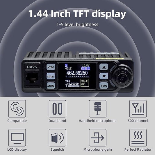 Retevis RA25 Dual Band Mobile Radio, Long Range Mini Mobile Car Transceiver, 500 Channels DTMF LCD Display, 2m 70cm Mobile Two Way Radio Mobile Car Radio for Vehicle Truck Traveling(1 Pack)