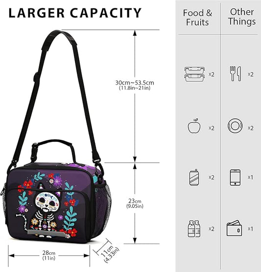 Cat Sugar Skull Lunch Bag Insulated Lunch Box Cooler Cooling Tote Food Container for Adults Men Women
