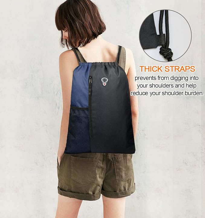 Drawstring Backpack Sports Gym Bag for Women Men Large Size With Two Zipper Pockets and Water Bottle Mesh Pockets