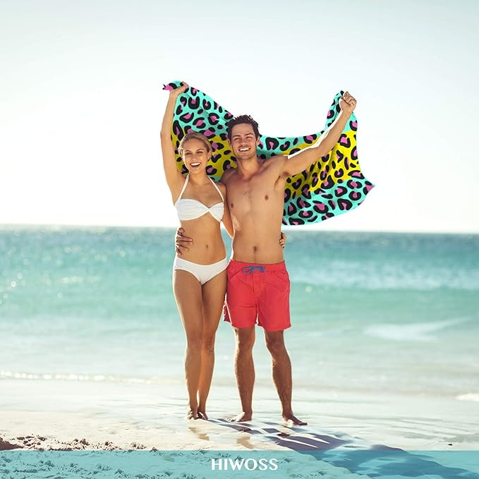 Microfiber Pool Towels Oversized 71"x31",Soft Touch Ultra-Absorbent Quick Dry Sand Free Large Beach Towels for Adults with Mesh Bag for Travel Camping Bathroom, Striped Leopard