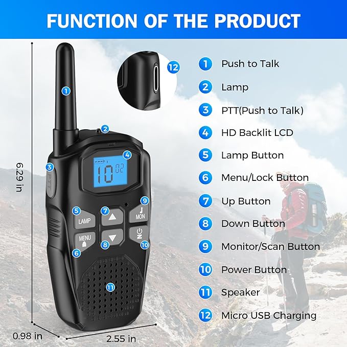 Walkie Talkies for Adults 2 Pack, YKSTT Rechargeable VOX Scan Long Range Walkie Talkies,22 Channels Two-Way Radios with LED Flashlight for Hiking Camping Accessories (2 Pack - Black)