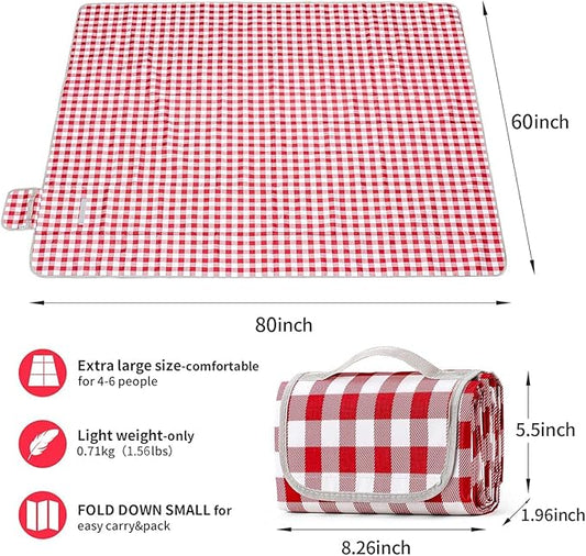 TONDAZHIYO Picnic Blankets Waterproof Foldable ，80”x60” Beach Blanket，Camping Sand mat, Large sandproof Lightweight Outdoor Blankets, Park (red & White)