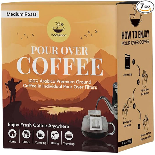 Hachidoori Single-Serve Portable Pour Over Drip Coffee – 7 Ready-to-Brew Packs with Ground Coffee & Filters | Fresh Coffee Anytime – Travel, Camping, Office.