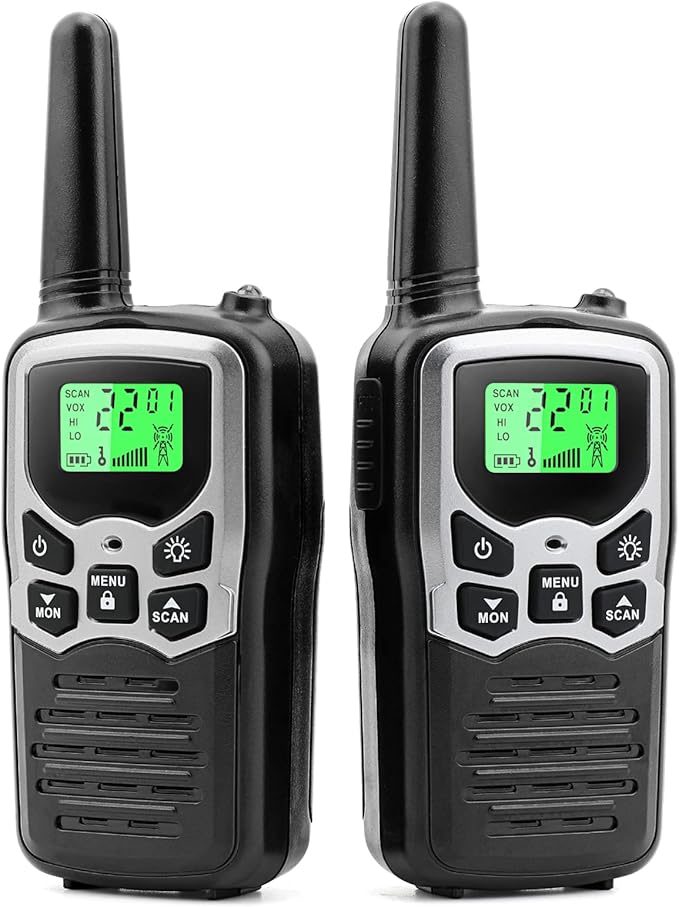 Walkie Talkies,MOICO Long Range Walkie Talkies for Adults Two-Way Radios with 22 Channels FRS VOX Scan LCD Display with LED Flashlight for Field, Survival Biking Hiking Camping 2 Pack (Silver)