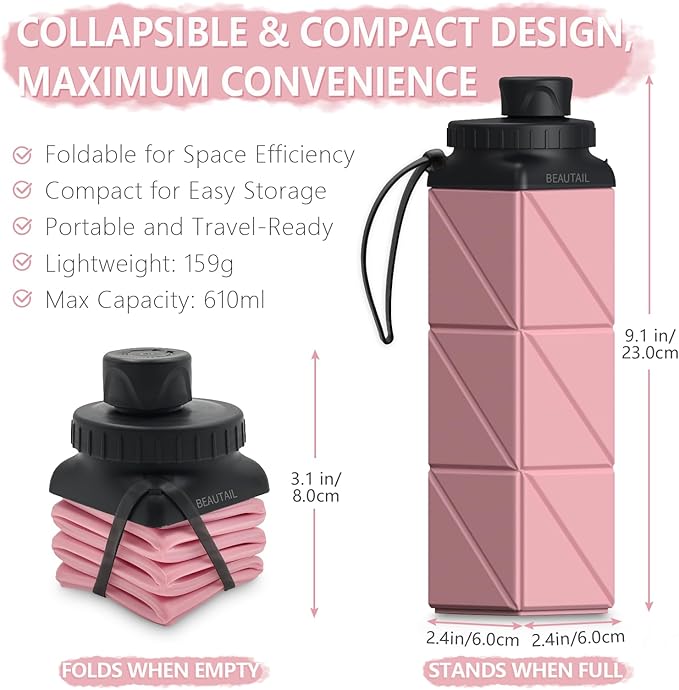 Collapsible Water Bottles 20.6oz, Silicone Foldable Portable Travel Water Bottle, Folding Lightweight Reusable Leakproof for Traveling Camping Hiking Cycling Yoga Sports Outdoor