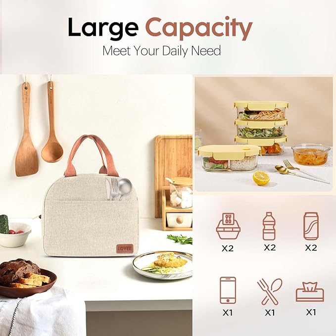 Lunch Bag Lunch Box for Women & Men, Large Capacity Insulated Lunch Bag for Adult, Leakproof Reusable Lunch Tote Bags for Work/Office/Travel/Picnic (Beige)