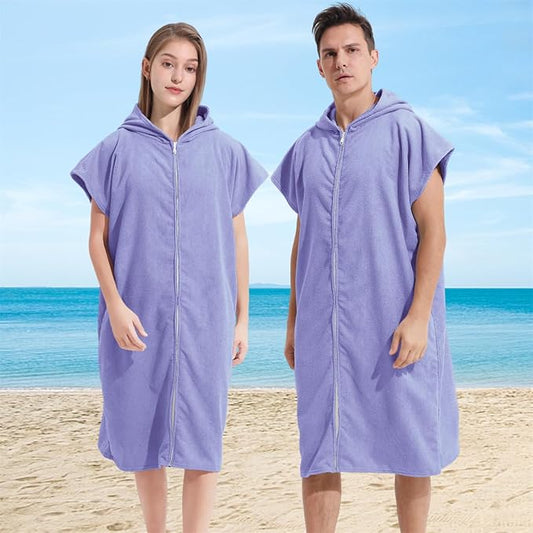Surf Poncho Hooded Changing Towel Swim Robe with Zipper Plus Size Terry Cloth Swim Cover Up for Adults Men Women Towel Poncho Hoodie Surfing Accessories(Black) (Purple)