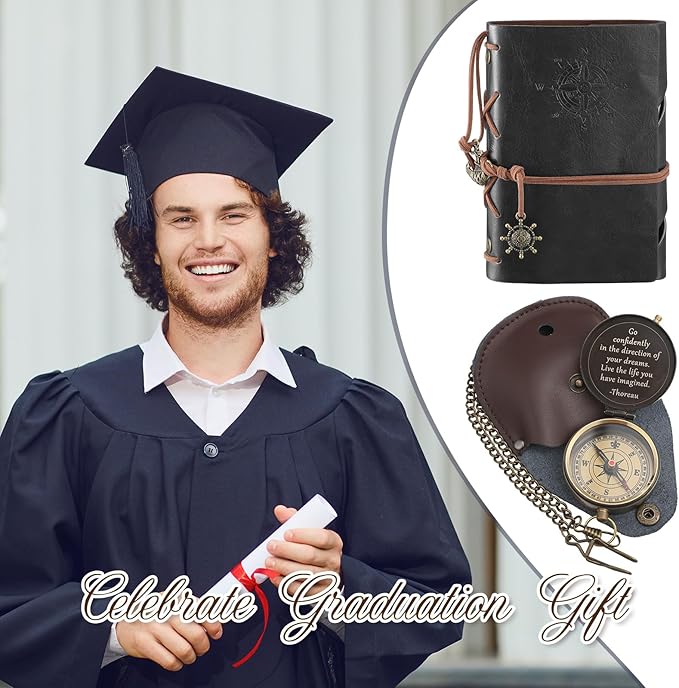 Kanayu 2 Pcs Compass Graduation Gift Compass with Stamped Leather Case and Leather Journal Notebook High School College Graduation Gifts for Him
