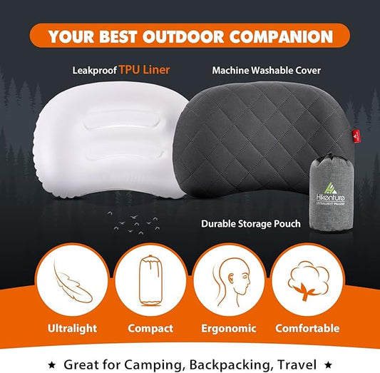 Hikenture Camping Pillow, Inflatable Air Pillow with Removable Cover, Backpacking Pillow for Sleeping, Ultralight Blow Up Pillows, Portable&Compact Hiking Pillow for Beach, Travel, Outdoor(Grey)