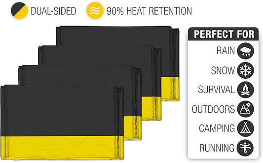 Swiss Safe Emergency Mylar Thermal Blankets + Bonus Space Blanket - Compact & Insulated for Cold Weather - Designed for NASA, Outdoor Camping, Survival, First Aid Car Kit - Black & Gold, 4 Pack