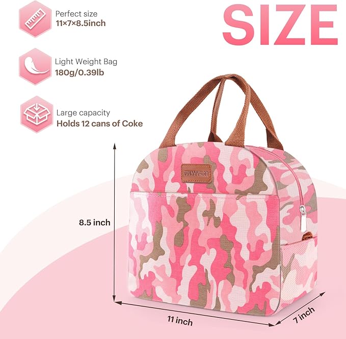 Lunch Bag for Women & Men Adult Insulated Lunch Box, Small Leakproof Cooler Food Lunch Containers Reusable High Capacity Lunch Tote Bags for Work, Travel, Outdoor (Pink Camo)