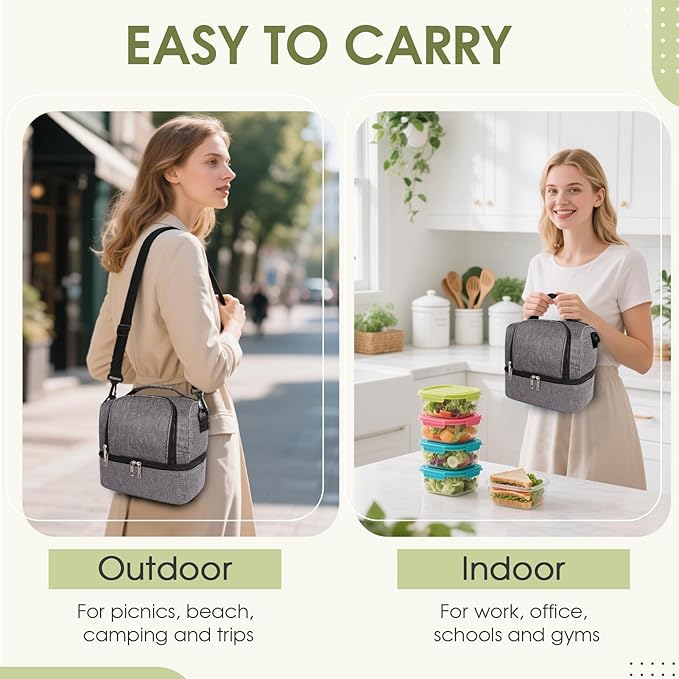Lunch Box Lunch Bag for Women Men Reusable Insulated Lunch Bag Women Lunch Cooler Tote Bags with Adjustable Shoulder Strap for Office Work Picnic Travel, Light Gray