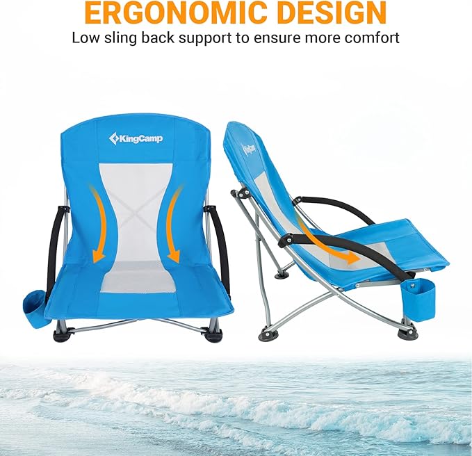 KingCamp Low Beach Chairs, Portable Folding Chair for Adults Extra Wide Ergonomic High Back Seat 300lbs Heavy Duty Lightweight Oversized Gear with Carry Bag for Outdoor Lawn Camping Picnic