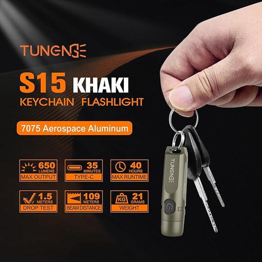 S15 Rechargeable Keychain Flashlight,650 High Lumen EDC Flashlight,Super Bright LED Mini Flashlight Be Suitable for Camping, Hiking, Emergency Situations（Khaki 6500K）