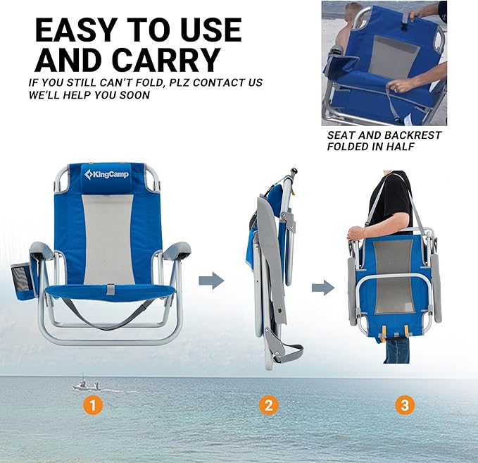 KingCamp Low Beach Chairs, Portable Folding Chair for Adults Extra Wide Ergonomic High Back Seat 300lbs Heavy Duty Lightweight Oversized Gear with Carry Bag for Outdoor Lawn Camping Picnic