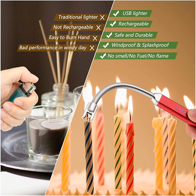 MEIRUBY Lighter Electric Candle Lighter Birthday Women's Day Gifts for Women Mom Wife Men, Long Electronic Rechargeable USB Lighter Arc Windproof Flameless Lighters for Candle Camping BBQ (Red)