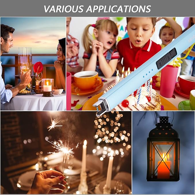 MEIRUBY Lighter Electric Candle Lighter Long Electronic Rechargeable USB Lighter Arc Windproof Flameless Lighters for Candle Camping BBQ Birthday Women's Day Gifts for Women Mom Wife Men, Light Blue