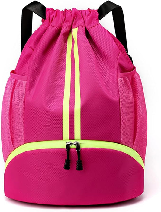Sports Drawstring Backpack, Gym Bag for Men Women with Shoe Compartment, Waterproof Pocket, Drawstring Swim Bag (Rose Red)