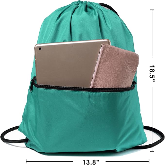 Drawstring Backpack Sports Gym Bag for Women Men Large Size With Two Zipper Pockets and Water Bottle Mesh Pockets