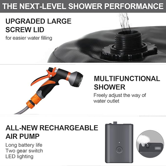 Portable camping shower, 5gallons/20 liters rechargeable air pump outdoor electric camping shower, 8 spray modes, solar heating black PVC airbag, built-in thermometer, beach, camping, hiking
