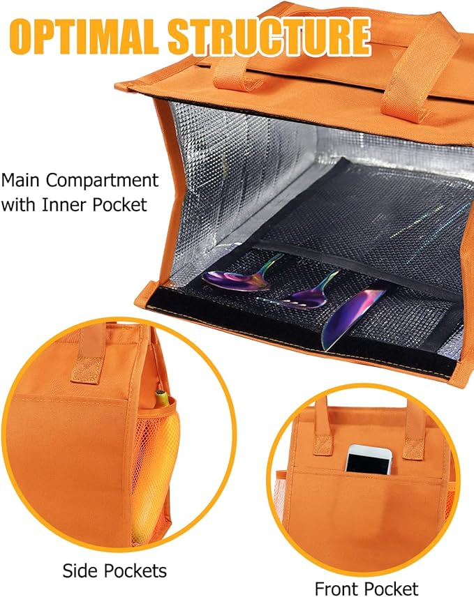 Fmeida Insulated Lunch Bag, Simple Lunch Tote Bags, Waterproof Thermal Cooler Lunch Kit, Reusable Adult Lunch Box Bag for Women | Small Orange, Front&Side&Interior Pockets