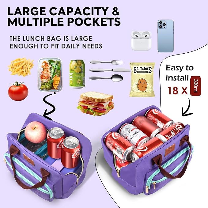 Lunch Bag Insulated Women Girls Teens Insulated Tote LunchBox for Adult Men Reusable Lunch Box with Front Pocket for Work, Picnic or Travel-18 Cans/14 Liters Purple