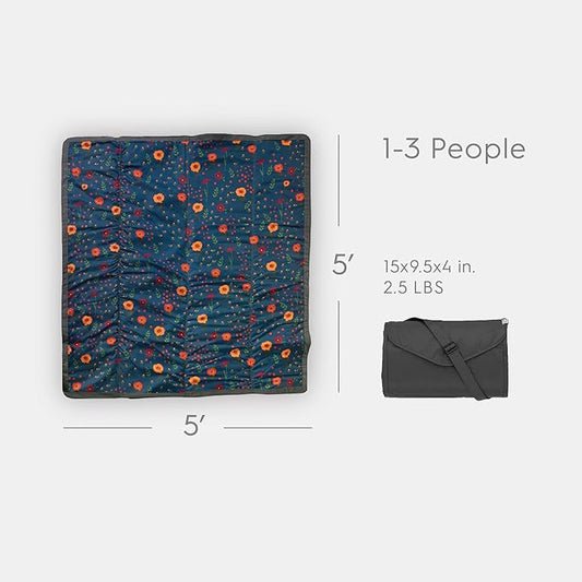 Little Unicorn Outdoor Family Picnic & Beach Blanket, Water-Resistant, Compact Fold, 5 x 5 feet, (Midnight Poppy)