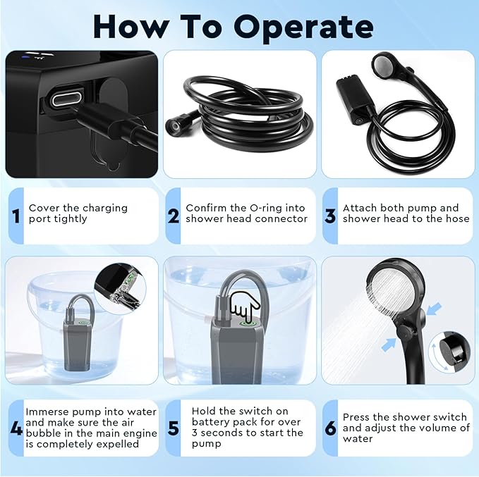 Portable Camping Shower, 6000mAh Rechargeable Outdoor Shower Pump with LED Display, 3 Spray Modes, IPX7 Waterproof Camping Shower Kit for Hiking, Travel, Car Washing, RV, Pet Bath