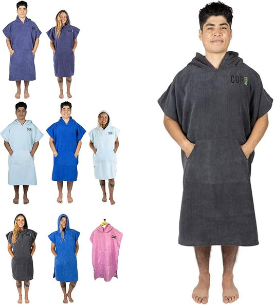 COR Surf Poncho Changing Towel Robe with Hood and Front Pocket | Thick Quick Dry Microfiber Wetsuit Poncho Towel for Surfing Beach Pool Swim (Large Dark Gray)