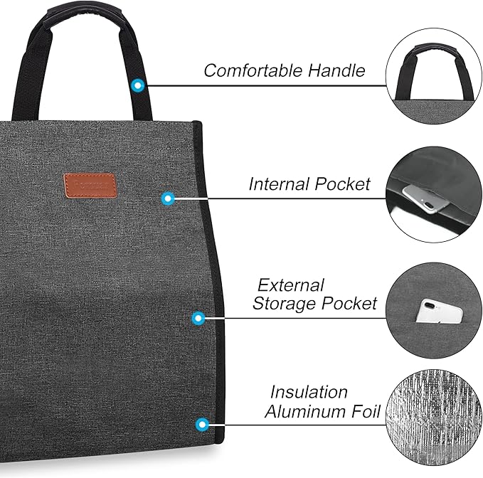 Lunch Bags for Women Insulated Reusable Lunch Tote with Internal Pocket, Lunch Tote bag for Work (Charcoal Grey